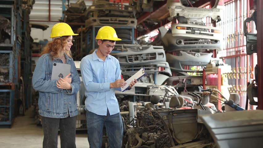 smart women working with technician man in old second hand vehicle part business, garage spare part, scrapyard junk yard warehouse storage area