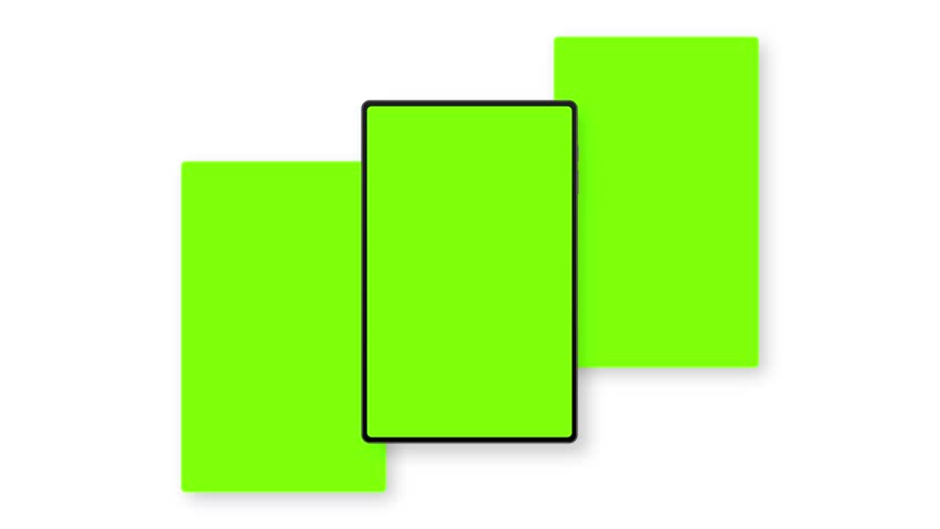 Animated tablet mockup with three green chroma screens, front view. Smooth motion ideal for app, UI, and web design showcases, product demos, and digital marketing presentations