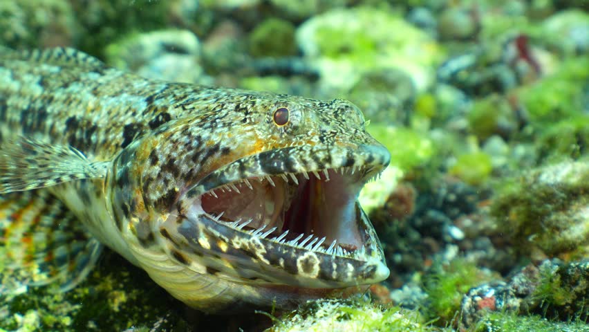 Side view of Lizardfish (Synodus synodus) devouring a Scorpionfish (Scorpaena maderensis).