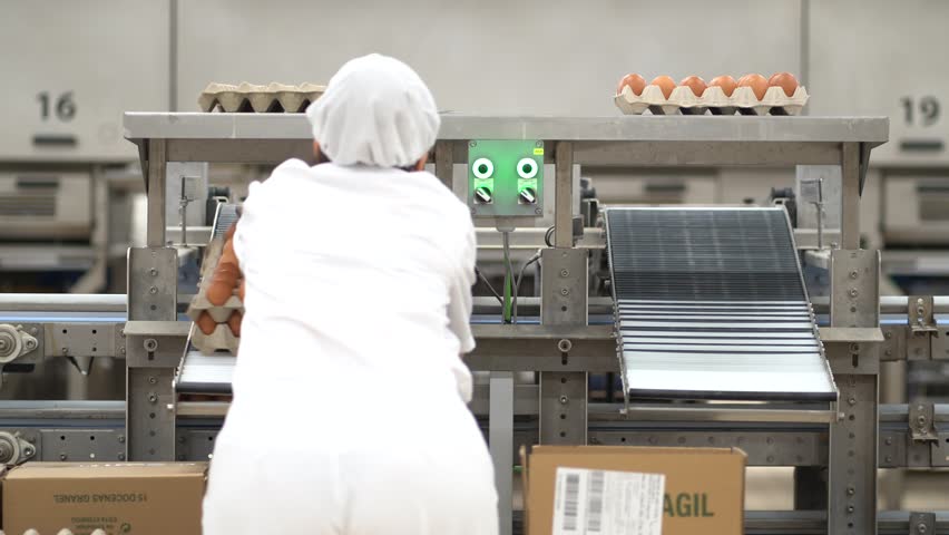 Factory employee packaging fresh chicken eggs from a production line into cardboard trays and boxes