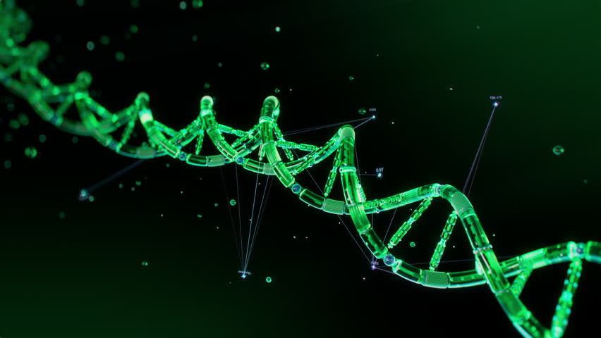 Loopable 3D Animation of Green, Futuristic Looking DNA Structure being Scanned and Analyzed for Research Acceleration. Concept: Advanced AI-Powered Drug Discovery and Development