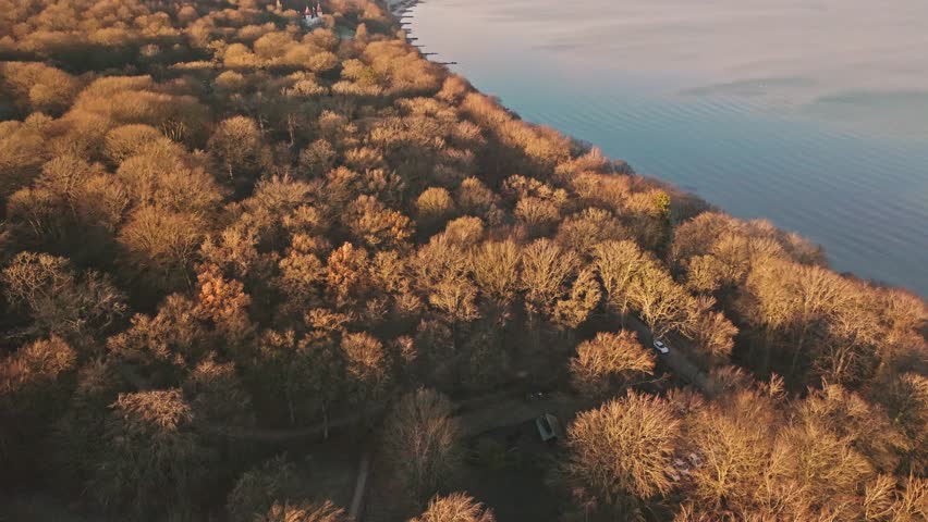 Aerial view of Marselisborg Forest and Aarhus Bay during late fall. The leafless trees and pale sunlight evoke a calm, cinematic winter mood on the Danish coast.