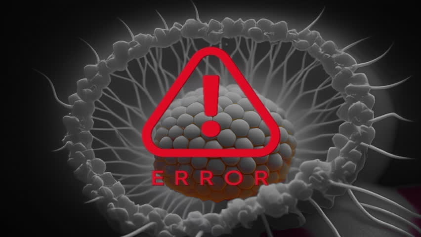A red error warning sign with glitch effects appears over a magnified 3D rendering of a cellular organism. This conceptual animation represents biological malfunction, infection, disease, or a technol