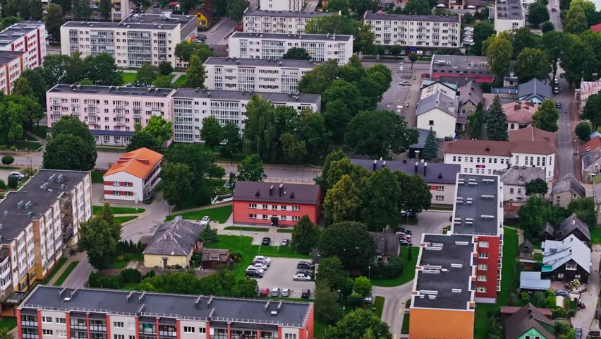 Medium telephoto lens of urban soviet era housing blocks Jurbarkas Lithuania