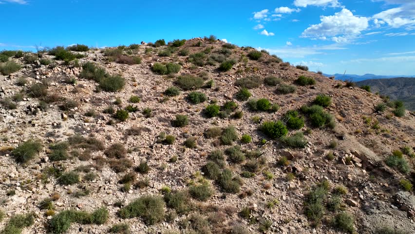 Aerial view of the vast desert landscape with mountains, shrubs, and a clear blue sky creating a beautiful contrast, Globe, Arizona, United States.