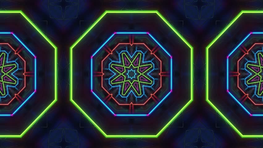 Green and blue neon star kaleidoscope forming bright symmetrical futuristic motion pattern. Seamless looping 4K video background - Powered by Shutterstock - Get 15% off with code: PIKWIZARD15