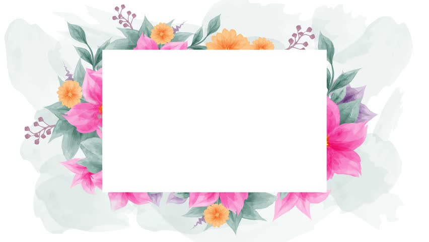 Watercolor flower frame border on green watercolor and white background
