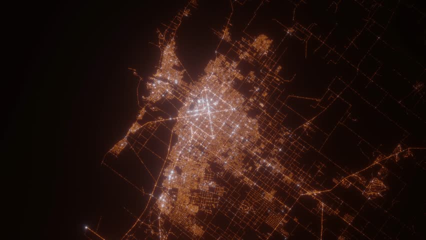 La Plata (Argentina) top view at night. View on modern city from satellite. Camera is zooming in, rotating counterclockwise. Vertical video. The north is on the left side