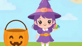 Adorable witch girl tossing colorful candies into a pumpkin bucket in a cozy Halloween night.
Kawaii pastel vector style, perfect for Halloween animation packs, stickers, and social media motion clips - Powered by Shutterstock - Get 15% off with code: PIKWIZARD15
