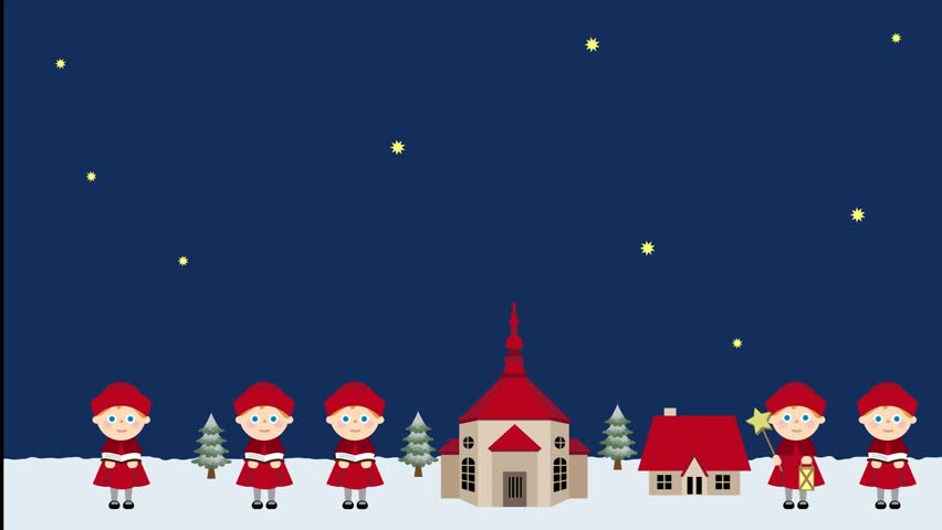 Cute Christmas Carolers Singing at Church Background (Night Sky, Flat 2D Vector Animation)