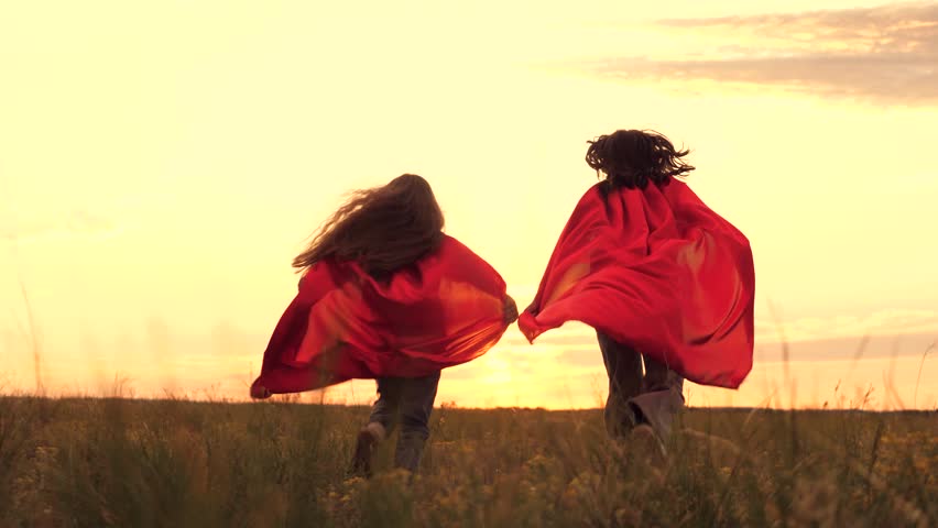 happy family, child dream, superheroes kid child running park sunset, group children superheroes, people child kid girl run, kids pretending fly wide open field, joyful childhood moments backlight