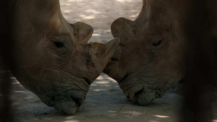 Two rhinoceroses look at each other with their muzzles turned