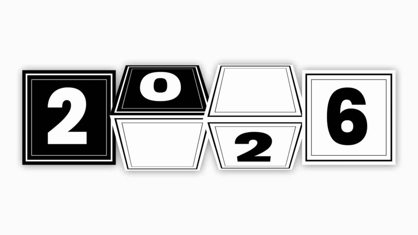 Seamless loop animation of black-and-white flipping cubes displaying 2026, minimalist design, and dynamic motion, perfect for New Year countdowns and elegant holiday-themed video backgrounds.