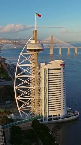 Lisbon , Nauru 7.07.2025: Aerial view of Vasco da Gama Tower Babylon 360 and Myriad hotel