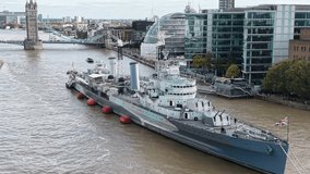 HMS Belfast moored on river Thames London UK drone,aerial - Powered by Shutterstock - Get 15% off with code: PIKWIZARD15