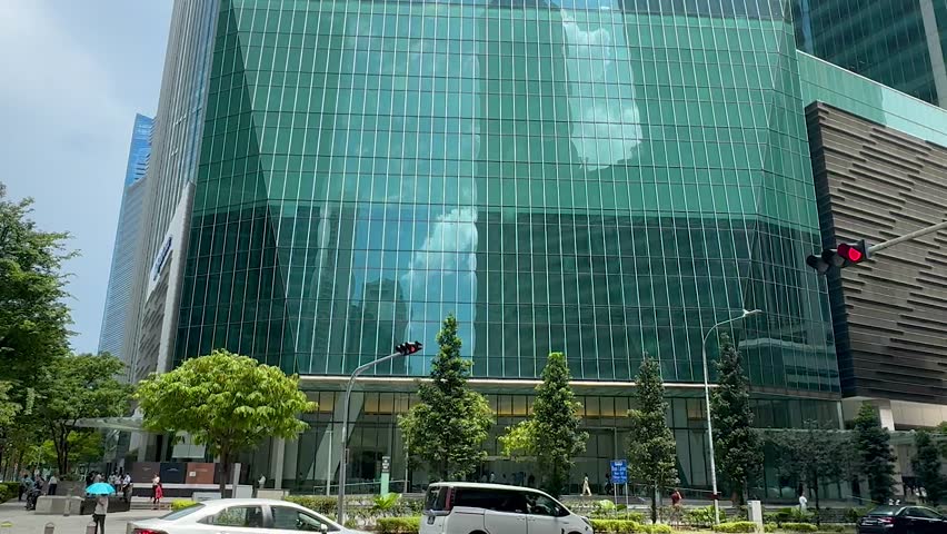 Singapore. Panorama of skyscrapers. Look of Marina Bay and Singapore River. View of hotels, financial buildings, Boat Quay, waterfront restaurants. Tourist landmark, tourist attraction