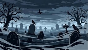 Spooky misty graveyard scene with tombstones crows and bare trees under a dark cloudy sky for a horror or Halloween theme - Powered by Shutterstock - Get 15% off with code: PIKWIZARD15
