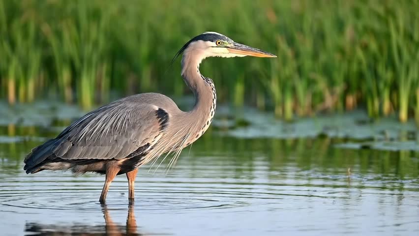 A great blue heron stands in shallow, rippling water, its long, slender legs submerged. The bird is depicted in profile, with its distinctive grey and white plumage, long neck, and sharp beak. 