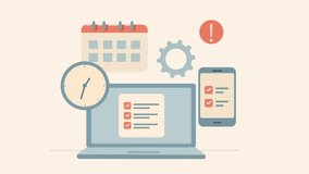Digital Tasks Management and Productivity Concept. Flat design Animation of laptop screen with checklist, clock, calendar, and smartphone. Online time Manager, organization, and workflow - Powered by Shutterstock - Get 15% off with code: PIKWIZARD15