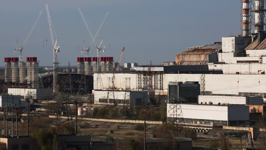 New Safe Confinement (NSC) Structure At Chernobyl Nuclear Power Plant In Ukraine. Aerial Sideways Shot