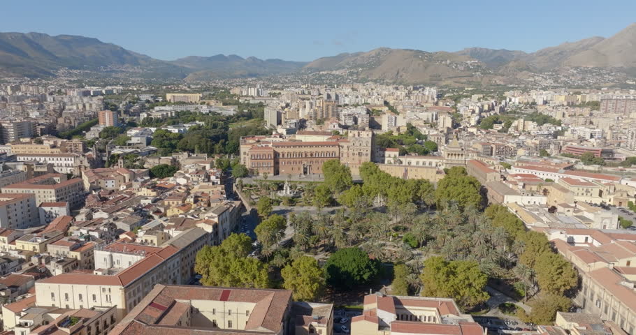 Aerial view of the Palazzo dei Normanni, also known as Royal Palace. It is located in the historic center of Palermo, Sicily, Italy. It is one of the city