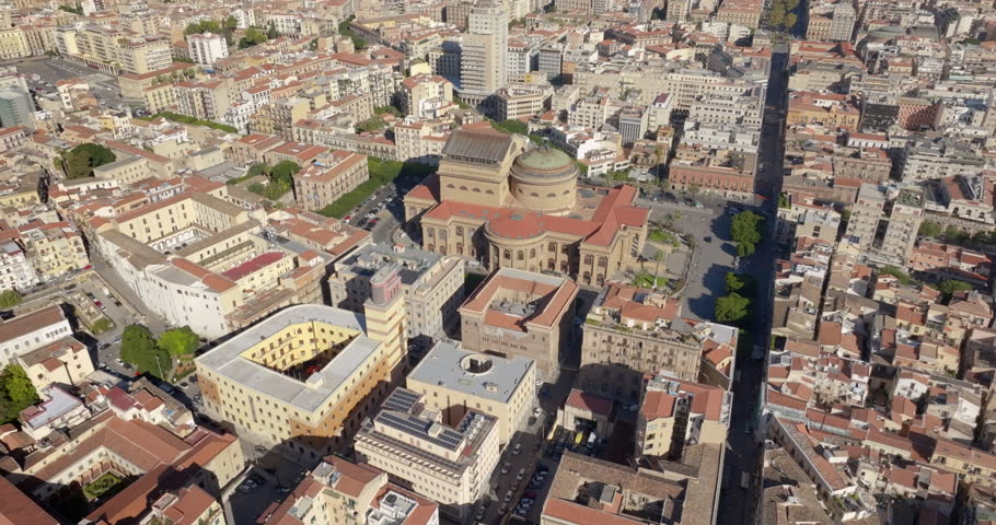 Aerial view of Teatro Massimo, an opera house and theater located on Verdi Square in Palermo, Sicily. It was dedicated to King Victor Emmanuel II. It