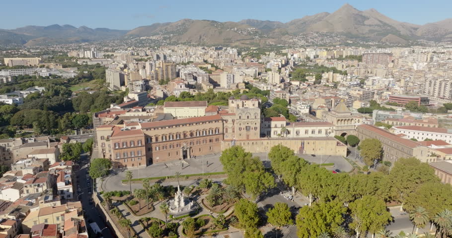 Aerial view of the Palazzo dei Normanni, also known as Royal Palace. It is located in the historic center of Palermo, Sicily, Italy. It is one of the city