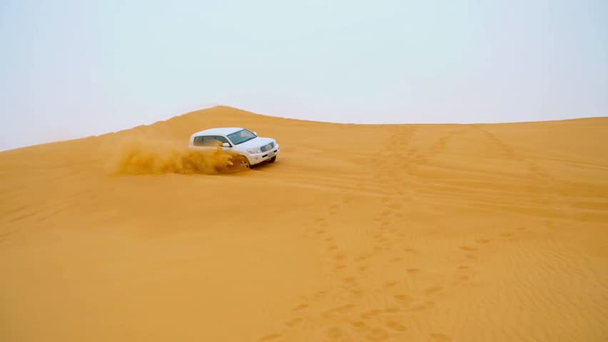 Slow-motion footage capturing thrilling dune bashing in Dubai’s golden desert. Showcasing adventure, speed, and off-road excitement—perfect for travel, tourism, and sports recreation visuals.