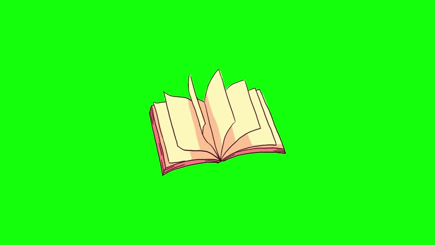 Animated open book with pages flipping from left to right, smooth page-turning motion, realistic hand-drawn or cartoon style, placed on bright green screen background for chroma key use.