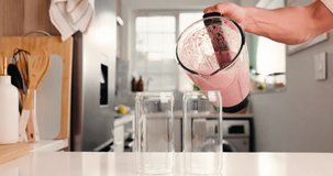 Pour, blender and smoothie with hands of person in kitchen for diet, detox and nutrition. Antioxidants, gut health and weight loss with man and drink in home for protein shake, fiber and vitamins - Powered by Shutterstock - Get 15% off with code: PIKWIZARD15