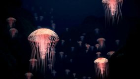 A mesmerizing underwater video showing glowing jellyfish drifting gracefully in the deep ocean, their bioluminescent tentacles illuminating the dark blue water with soft, magical light. - Powered by Shutterstock - Get 15% off with code: PIKWIZARD15