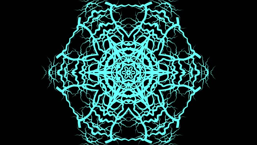 A complex, rotating fractal pattern in glowing cyan and blue, creating a futuristic, abstract background.