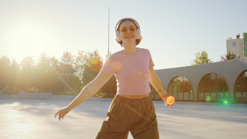Happy young woman listens to music and enjoys quad skating on sports ground slow motion. Playful female skater slides on street lit by back sunset light
