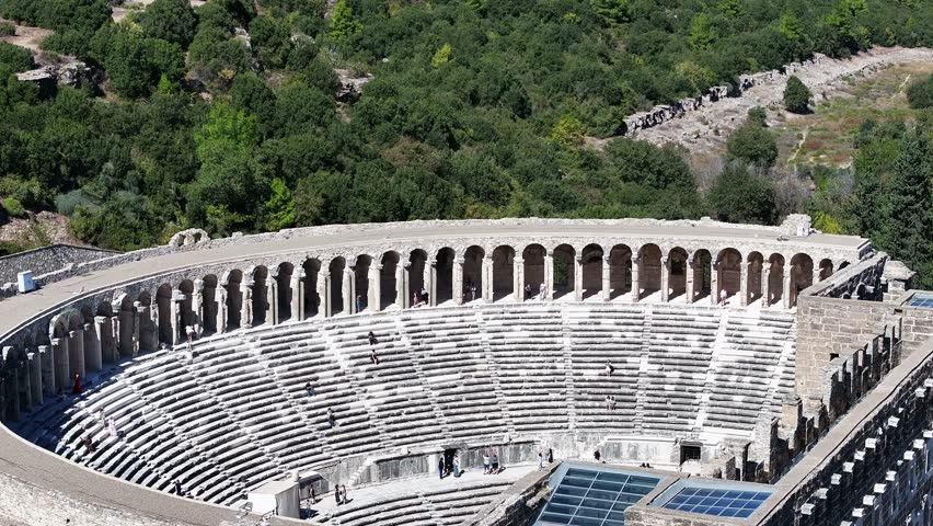 Aspendos Antique City and Theatre Drone Video, Aspendos Aqueduct Serik, Antalya Turkiye(Turkey)