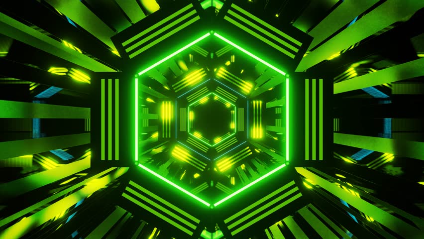 A futuristic neon tunnel with a repeating hexagonal pattern, illuminated by vibrant green and yellow lights.
