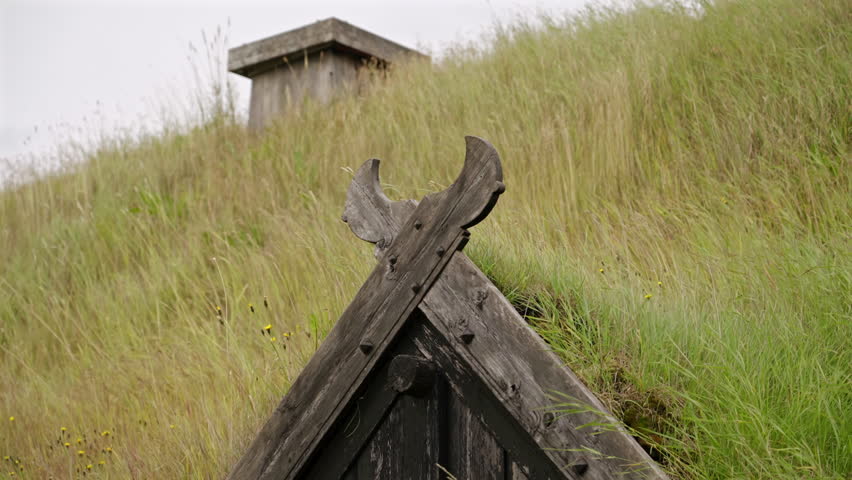 Old Wooden Carved Viking House Roof Element Close Up