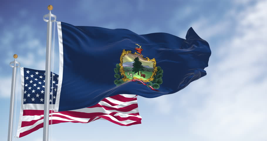 Vermont and the american flags waving in the wind. Blue background with State coat of arms and motto. Seamless 3d render animation. Slow motion loop. Selective focus