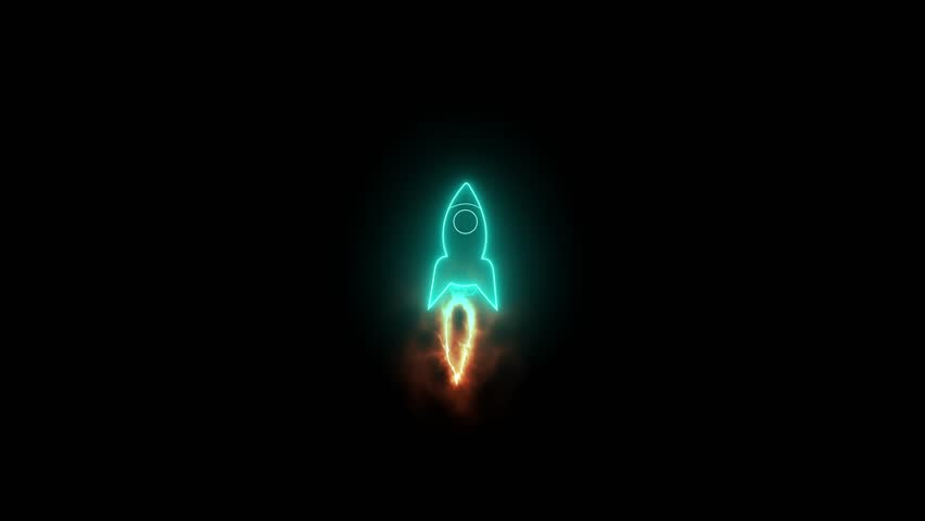 Glowing neon line rocket spaceship icon animation isolated on Black background. glowing neon simple rocket icon animation. Animated firework rocket icon for launches Ideal