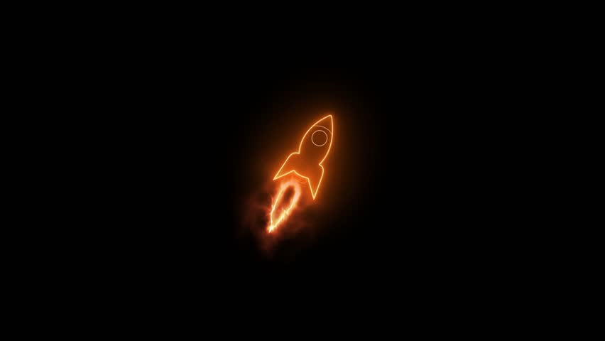 glowing rocket icon on a dark background. A rocket racing toward space through the atmosphere. Animated red neon rocket icon on black background for technology and space concept