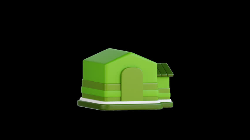 Video Animation 3d Green house with solar panels, chimney, leaf logo, and windows. Ideal for sustainable living, ecofriendly businesses, energy companies, and environmental organizations.