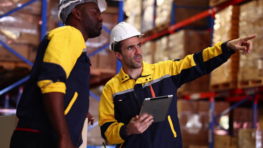 Tecnology, Warehouse manager using digital tablet checking inventory in distribution warhouse center. E-Commerce Goods at Logistics Warehouse factory. warehouse with shelves, pallets and boxes