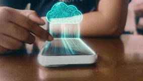 Smartphone with holographic cloud. Concept of secure cloud computing, data storage, cyber security, server backup, and global network synchronization. - Powered by Shutterstock - Get 15% off with code: PIKWIZARD15