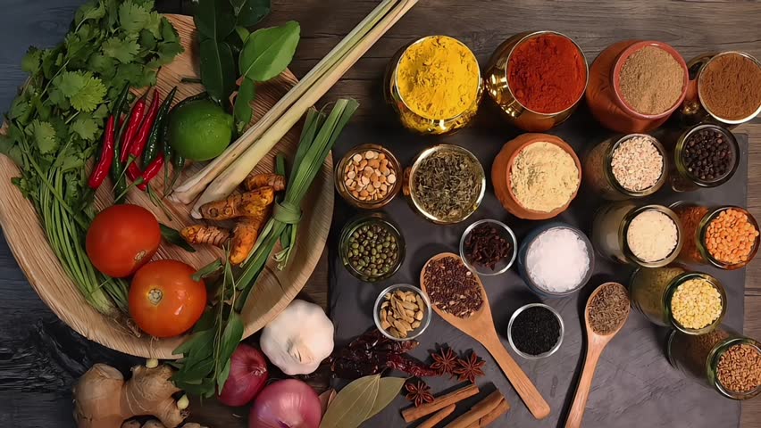 Overhead flat lay vibrant colourful spices herbs fresh produce vegetables legumes on wooden table spread splash smoking spice mix dark black slate metal clay pot palm leaf plate board copy text frame 