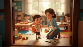 3D Animated Video of a Teacher Comforting a Nervous Child on the First Day of Kindergarten - Powered by Shutterstock - Get 15% off with code: PIKWIZARD15