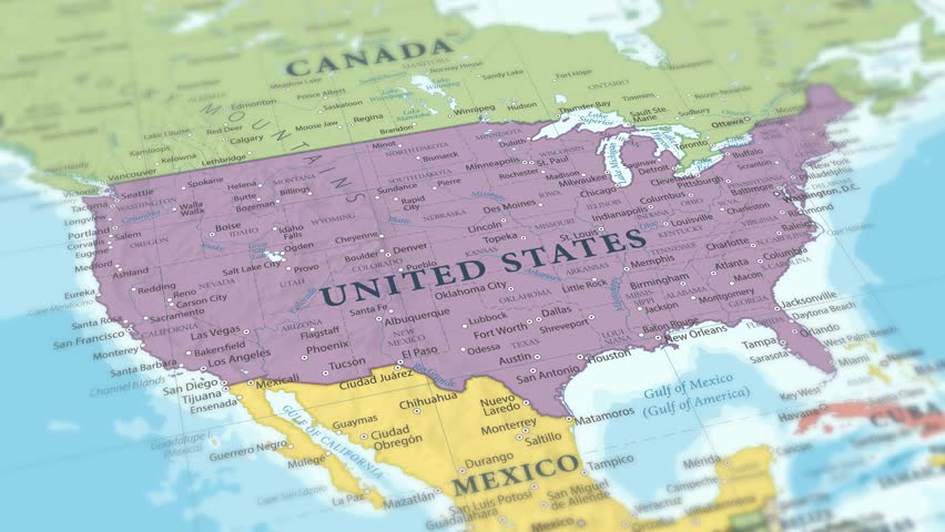 4K macro video of the United States on a world map with shallow depth of field. Focus on word United States and surrounding areas including Canada, Mexico, and the Gulf of Mexico.