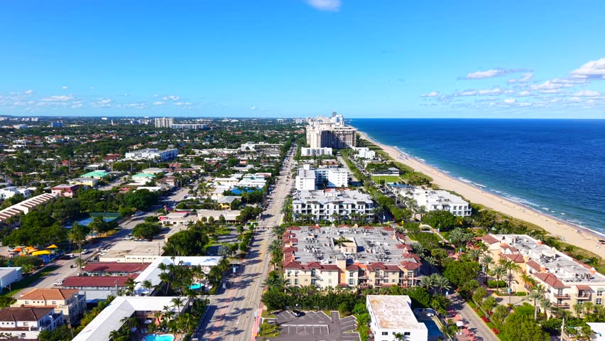Aerial fly over Fort Lauderdale Beach Florida. View of Lauderdale by the sea coastal condominiums