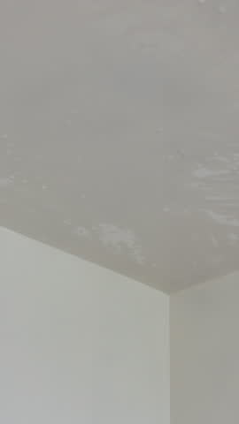 Water damage, roof leak, damp ceiling. Close-up ceiling with visible water damage and moisture spots, indicating leak or plumbing problem above. Vertical video