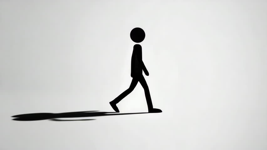 Minimalist sketch of person walking, simple lines shading. Man figure against white background, movement. Long shadow, journey, exploration, personal growth. Pencil art drawing illustration. Life path
