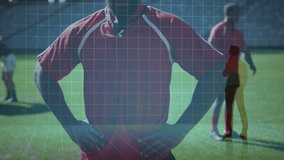 Male footballer standing on pitch, grid overlay collecting data, manager silhouette gesturing call. Sports analytics, teamwork, performance, digital visualization, strategy, athleticism, coaching - Powered by Shutterstock - Get 15% off with code: PIKWIZARD15