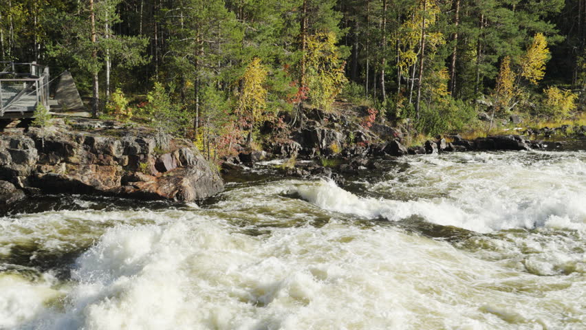 Powerful whitewater rapids rushing through a pristine Swedish forest in autumn, tumbling past rocky shorelines and birch and evergreen trees under clear sunny skies